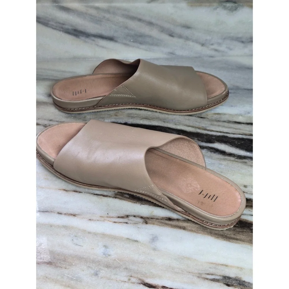 J. Jill Womens Leather Wide Strap Slide Sandals Taupe‎ Size 9.5 Minimalist